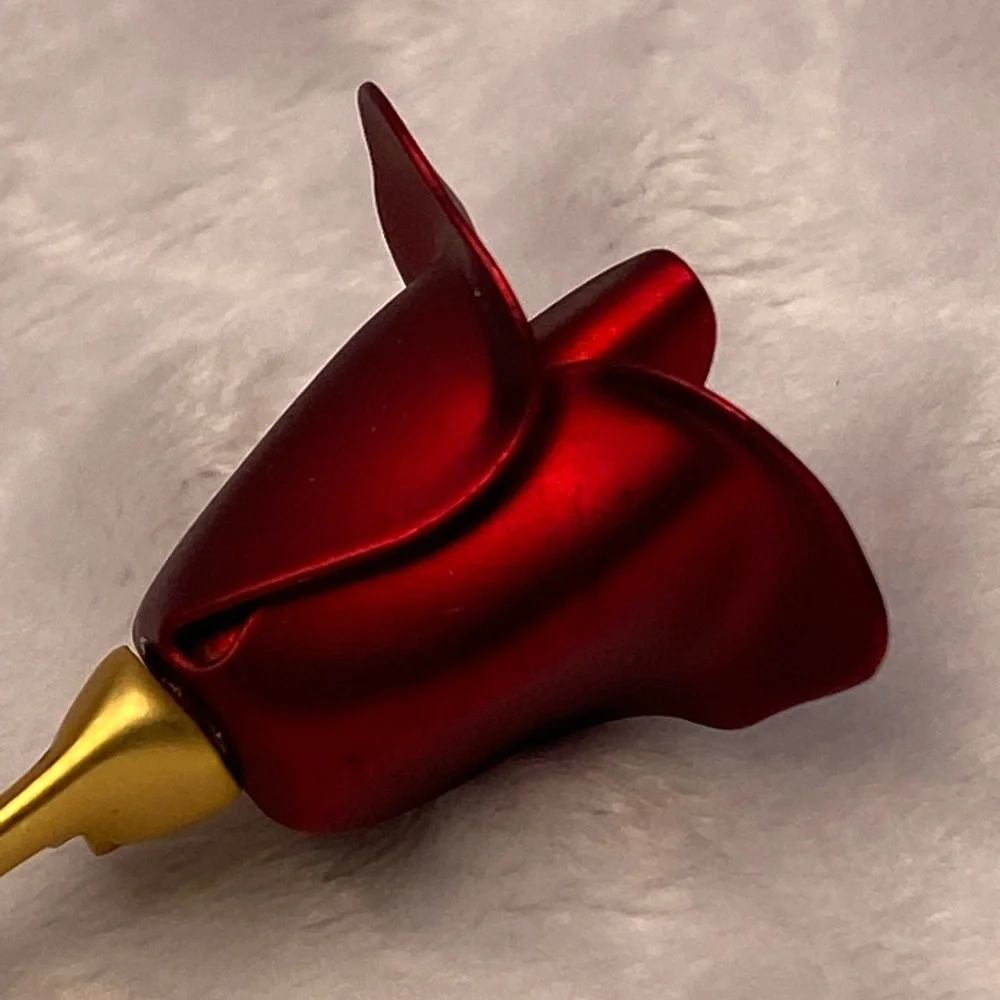 Vintage Red Rose Brooch with Gold Stem and Two Leaves